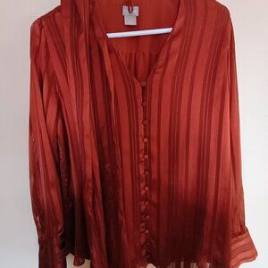 Chico’s Rust Shadow-Stripe Long Sleeve V neck Blouse Size 1, or US 8-10.